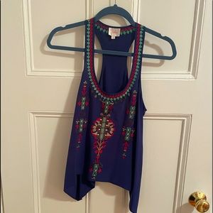 Navy Parker Tribal Embroidered and Beaded Racerback Silk Top Size XS